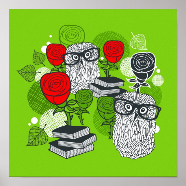 Owl in red roses poster (Front)