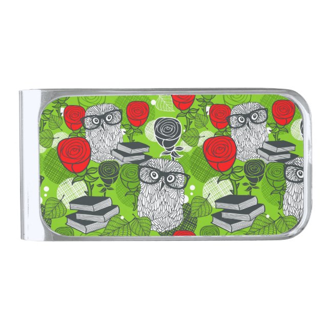 Owl in red roses silver finish money clip (Front)
