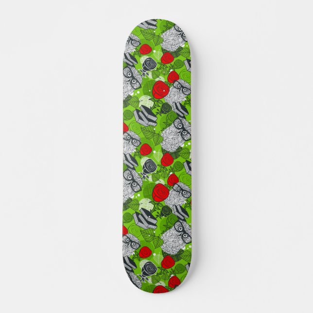 Owl in red roses skateboard (Front)