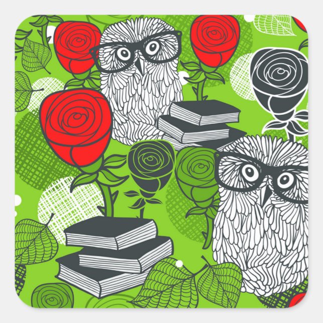 Owl in red roses square sticker (Front)