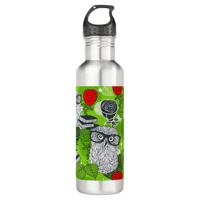 Owl in red roses stainless steel water bottle (Front)