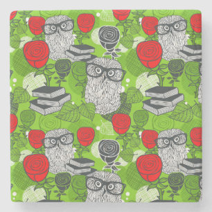 Owl in red roses stone coaster