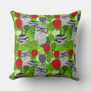Owl in red roses throw pillow