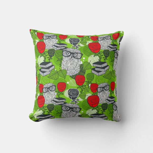 Owl in red roses throw pillow (Front)