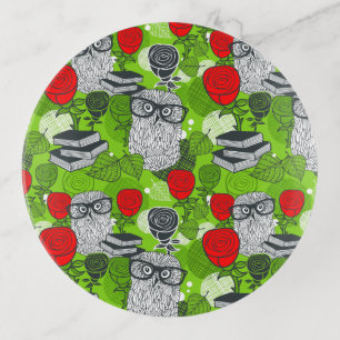 Owl in red roses trinket tray