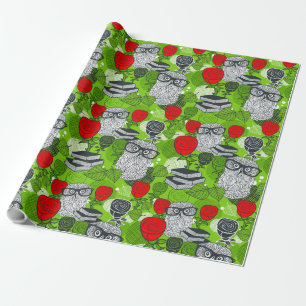 Owl in red roses wrapping paper