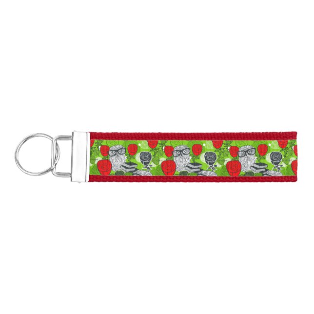 Owl in red roses wrist keychain (Keys on Left)