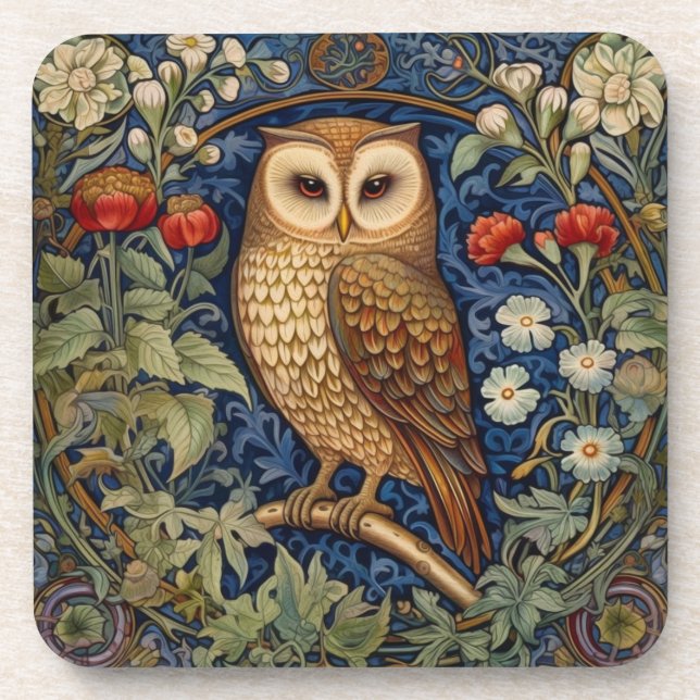 Owl in the garden William Morris style Beverage Coaster (Front)