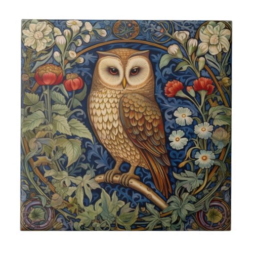 Owl in the garden William Morris style Ceramic Tile