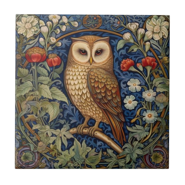 Owl in the garden William Morris style Ceramic Tile (Front)