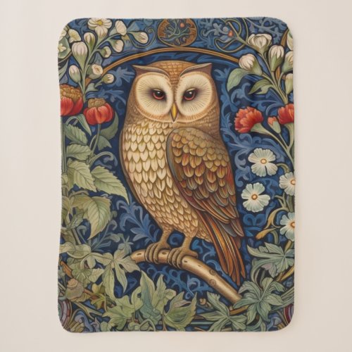 Owl in the garden William Morris style Sherpa Blanket