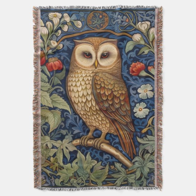 Owl in the garden William Morris style Throw Blanket (Front Vertical)