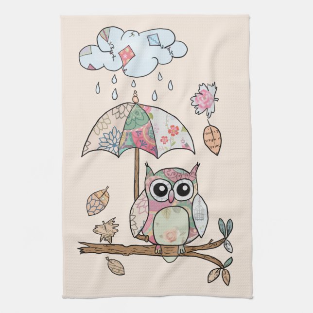 owl in the rain kitchen towel (Vertical)