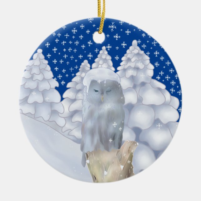 owl in the snow ceramic ornament (Front)