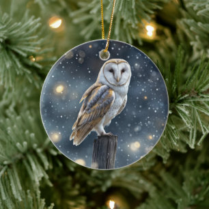 Owl in the Snow Winter Solstice or Christmas Ceramic Ornament