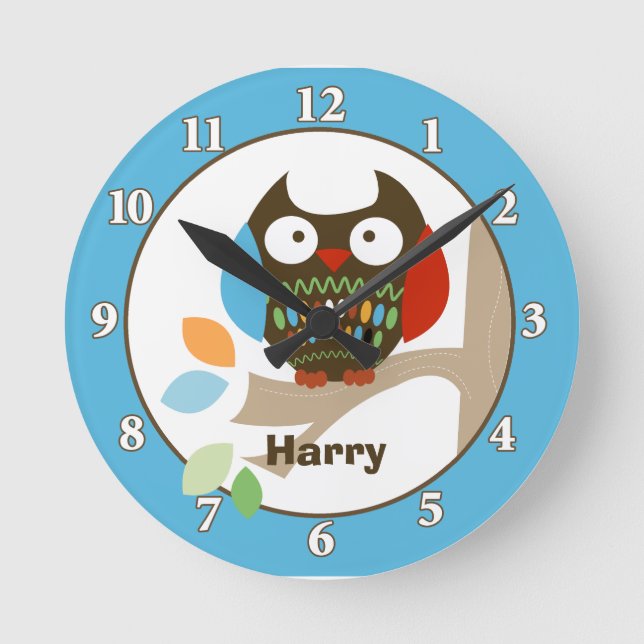 Owl in Tree Tops Personalized Wall Clock - Blue (Front)