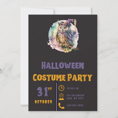 Owl in Witchs Hat Pastel Modern Black Halloween Invitation