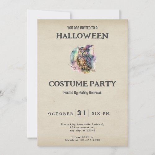 Owl in Witchs Hat Pastel Vintage Halloween Invitation