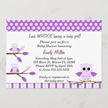 Owl Invitation Baby Girl Shower Purple by pinkthecatdesign at Zazzle