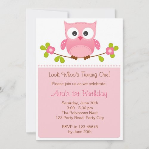 Owl Invitation - Girl 1st Birthday / Baby Shower