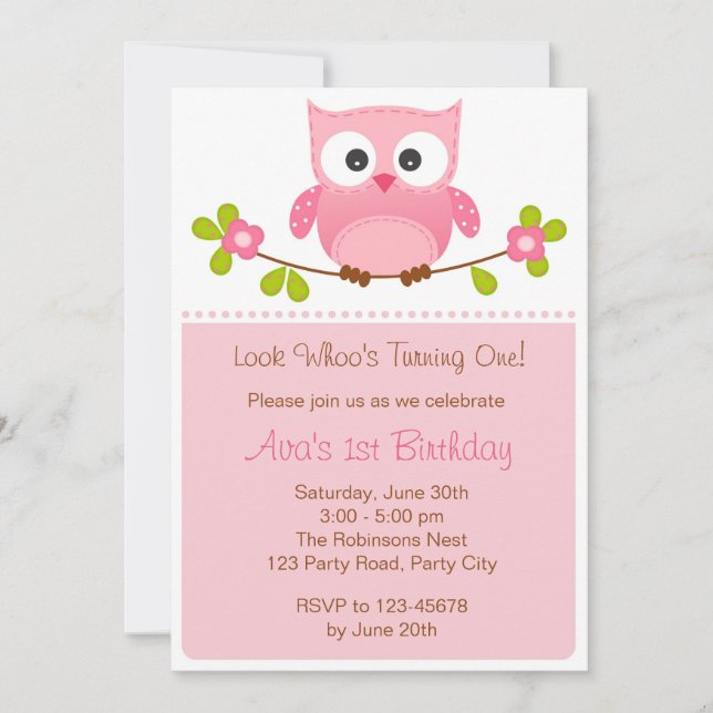 Owl Invitation - Girl 1st Birthday / Baby Shower (Front)