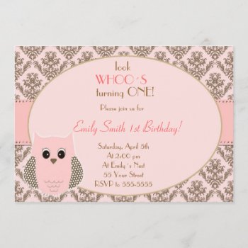 Owl Invitation Girl Birthday Party Pink Gold by pinkthecatdesign at Zazzle