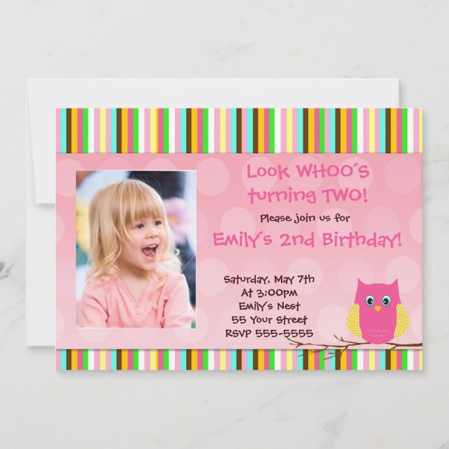 Owl Invitation Girl Birthday Party Stripes Photo (Front)