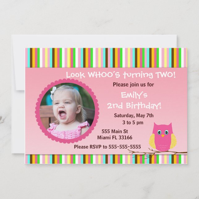 Owl Invitation Girl Birthday Party Stripes Photo (Front)