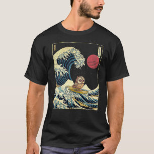 Owl Japanese Kanagawa Wave Funny Surf Animal  T-Shirt