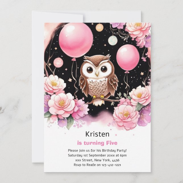 Owl Kids Girl Birthday Invitation (Front)