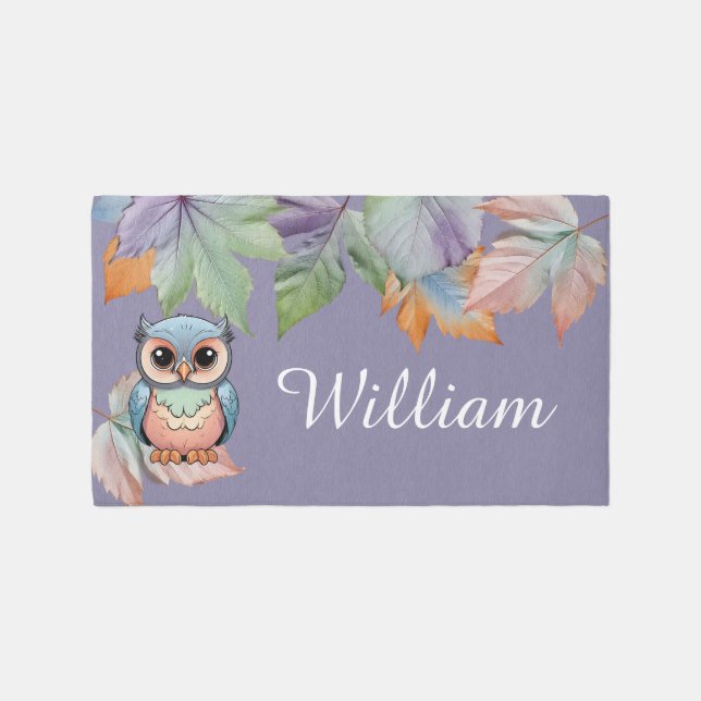 Owl & Leaf Nursery Throw Rug (Front)