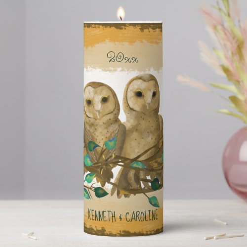 Owl Leaves Rustic Wedding Beige Gold Green Pillar Candle