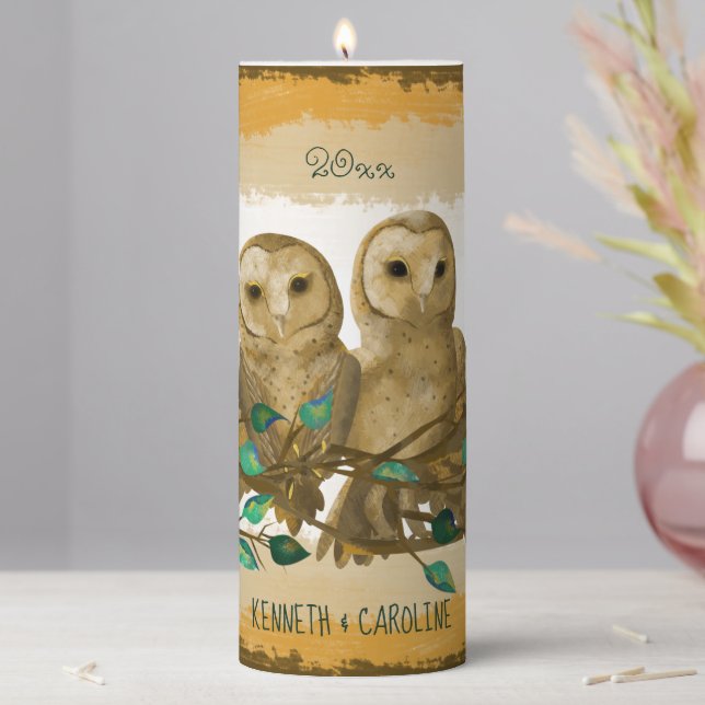 Owl, Leaves, Rustic Wedding, Beige, Gold, Green Pillar Candle (In Situ)