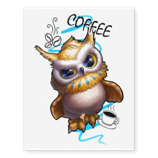 Owl, Life Begins After Coffee Temporary Tattoos
