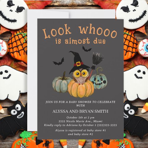 Owl Look Whooo Almost Due Halloween Baby Shower Invitation