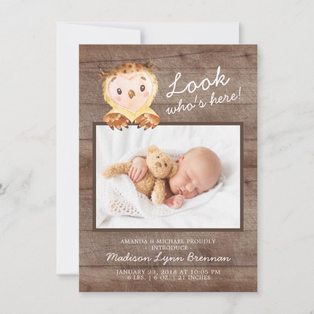 Owl Look Who's Here Boy Photo Birth Announcement (Front)