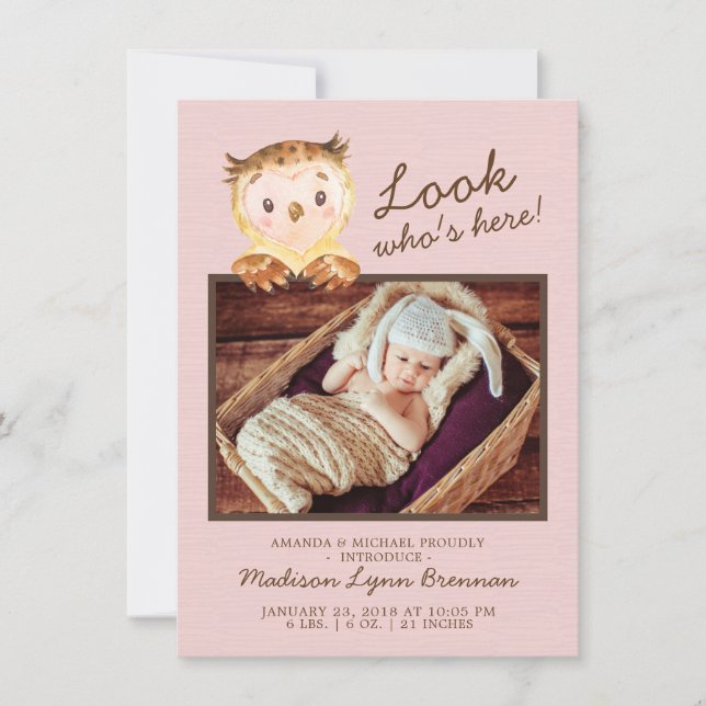 Owl Look Who's Here Girls Photo Birth Announcement (Front)