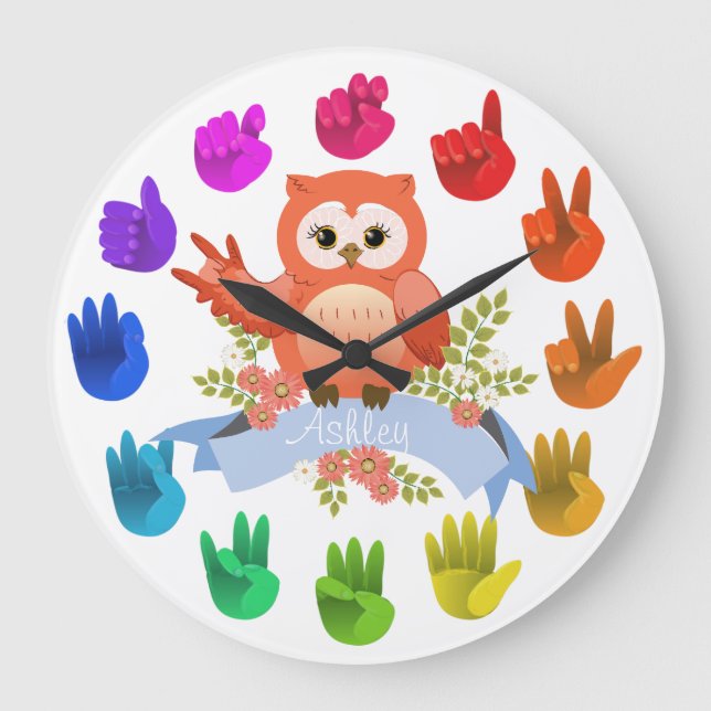 Owl love ASL Sign language rainbow  customizable Large Clock (Front)