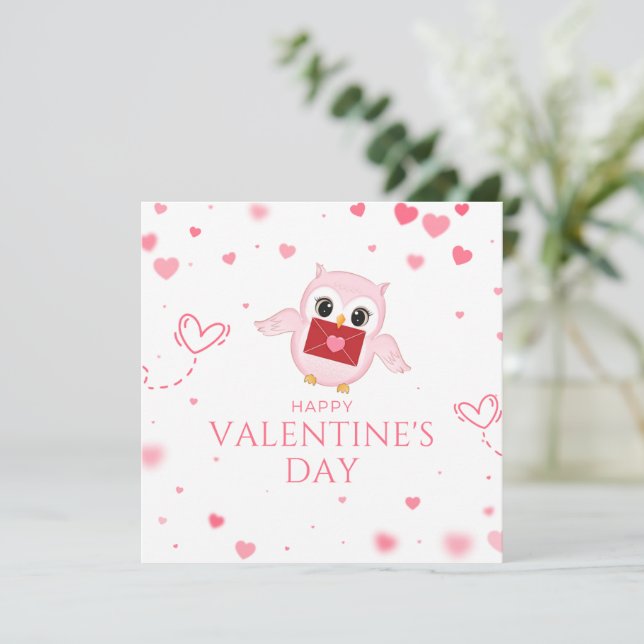 Owl Love Letter Valentine's Day with Pink Hearts Holiday Card (Standing Front)