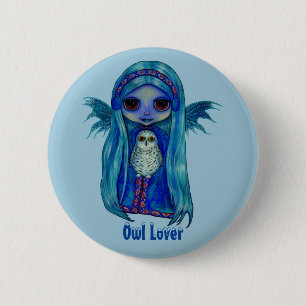 Owl Lover Fairy with Snowy Owl Winter Big Eyes Button