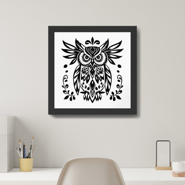 Owl Lovers Rustic Woodlands Black White Bohemian Framed Art (Home Office)