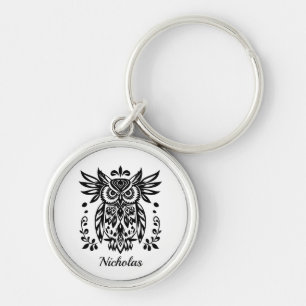Owl Lovers Rustic Woodlands Black White Bohemian  Keychain