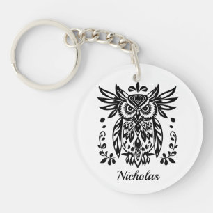 Owl Lovers Rustic Woodlands Black White Bohemian  Keychain