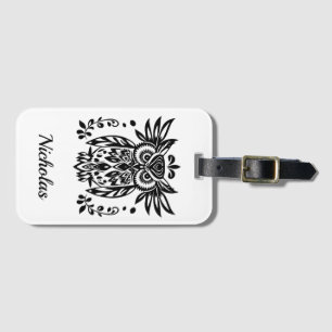 Owl Lovers Rustic Woodlands Black White Bohemian Luggage Tag