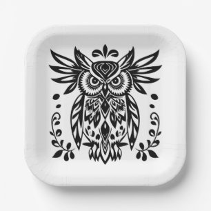Owl Lovers Rustic Woodlands Black White Bohemian Paper Plates