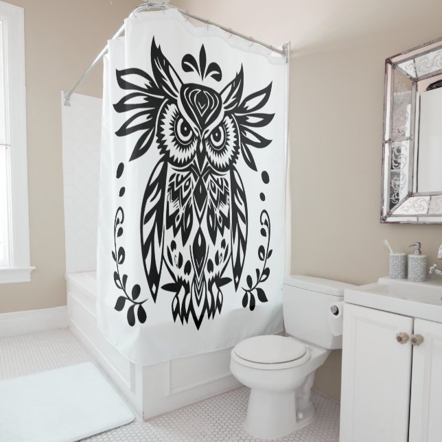 Owl Lovers Rustic Woodlands Black White Bohemian Shower Curtain (In Situ)