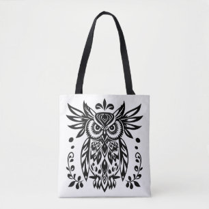 Owl Lovers Rustic Woodlands Black White Bohemian Tote Bag