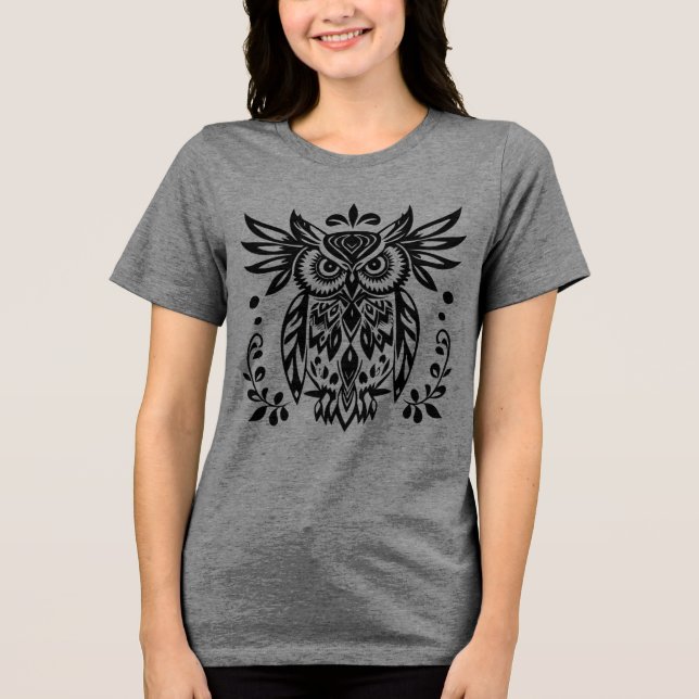Owl Lovers Rustic Woodlands Black White Bohemian  Tri-Blend Shirt (Front)