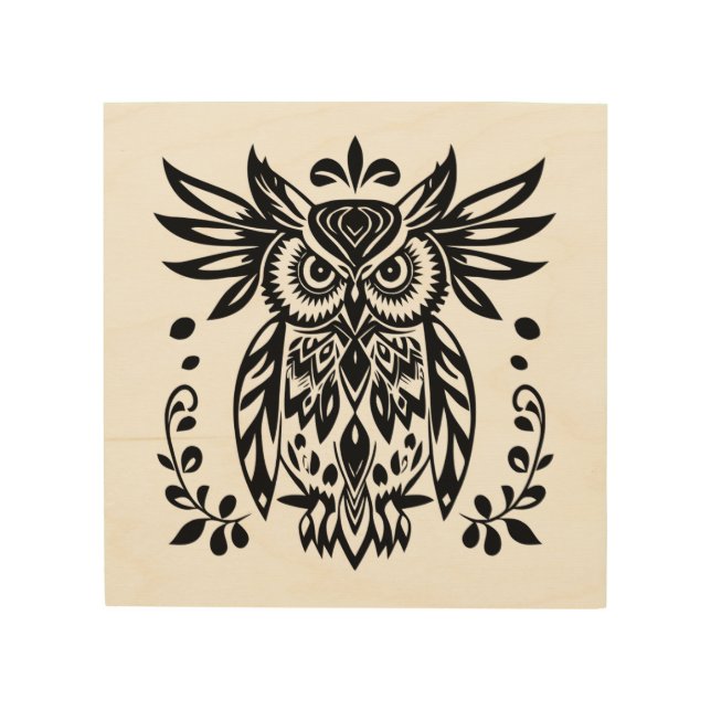 Owl Lovers Rustic Woodlands Black White Bohemian Wood Wall Art (Front)