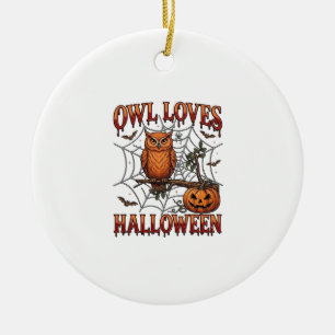 Owl Loves Halloween Orange Spider Web Pumpkin_1 Ceramic Ornament